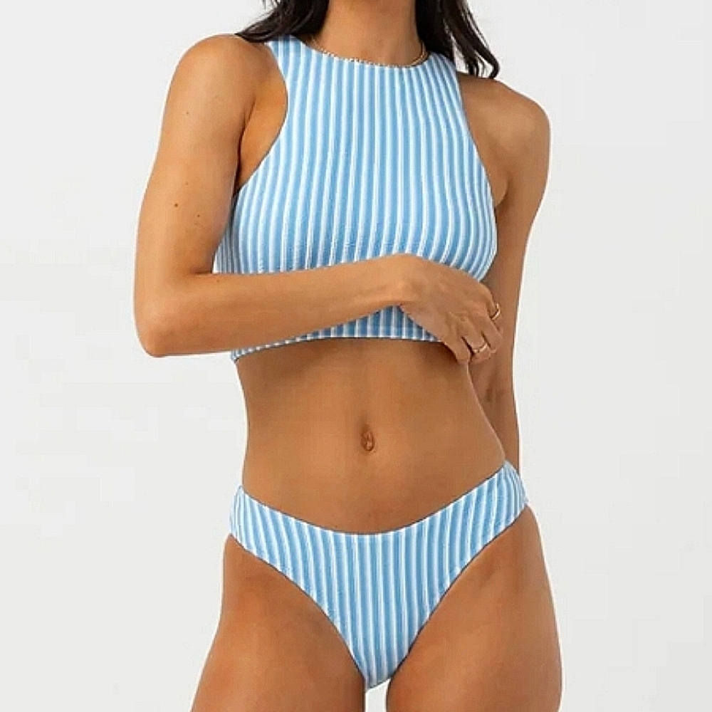 Rhythm Women's Blue Sunbather Stripe High NeckTop & Ocean Bikini Bottom Size XL